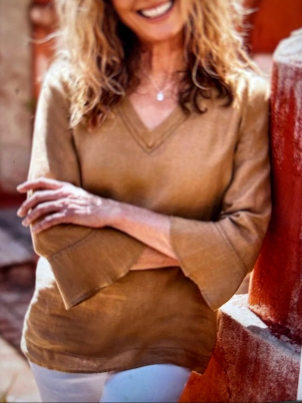 [New] J. Jill  (S) Honey Brown Linen V-Neck 3/4 Flounce Sleeve Pull On Blouse